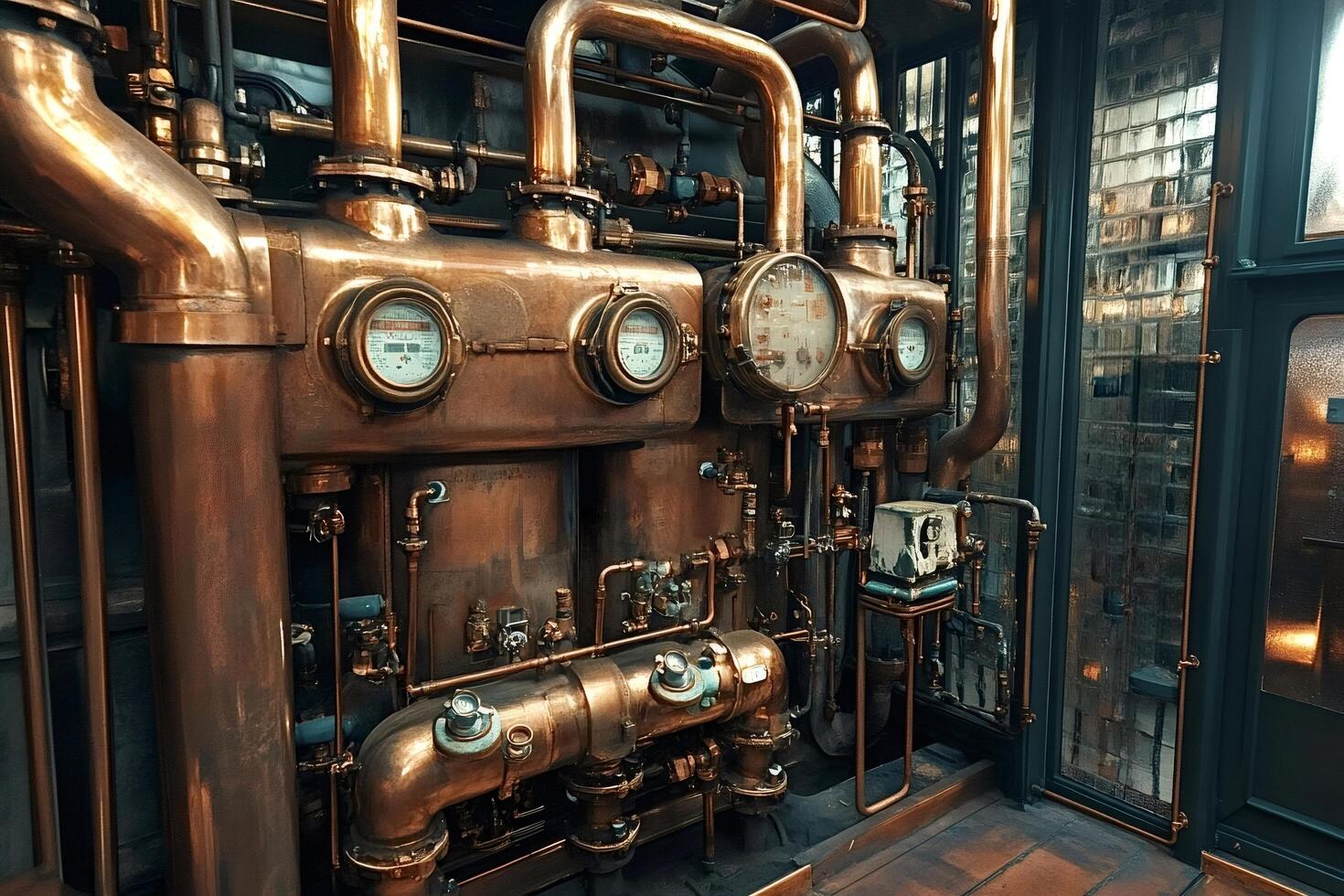 Complex copper piping system with gauges in industrial setting photo