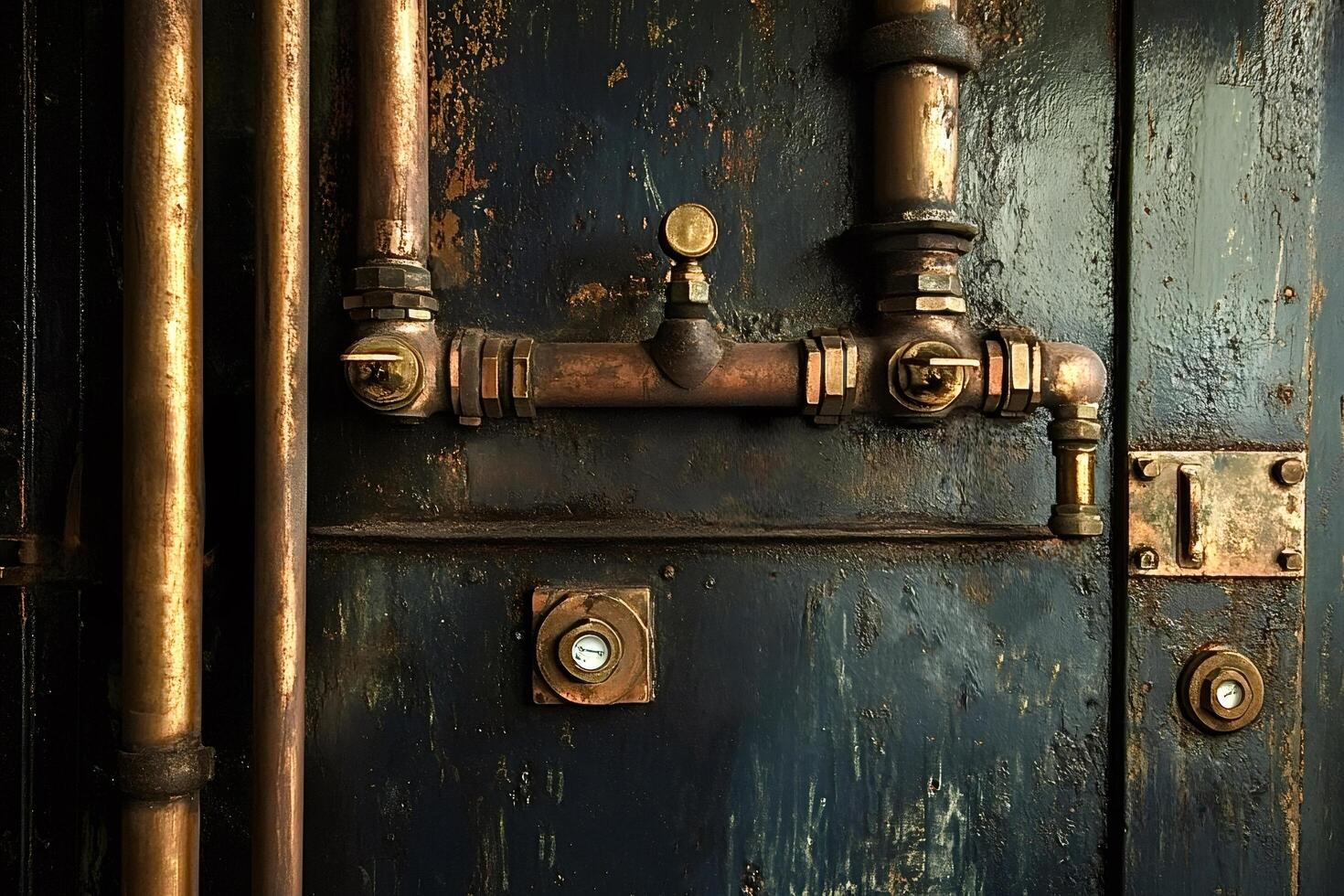 Copper pipes and valves creating industrial steampunk design on metal door photo