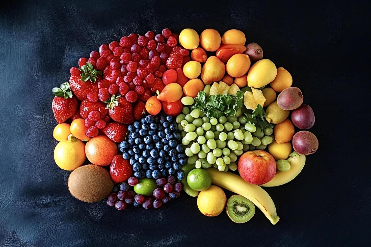 Fresh fruits forming a brain shape promoting healthy eating habits photo