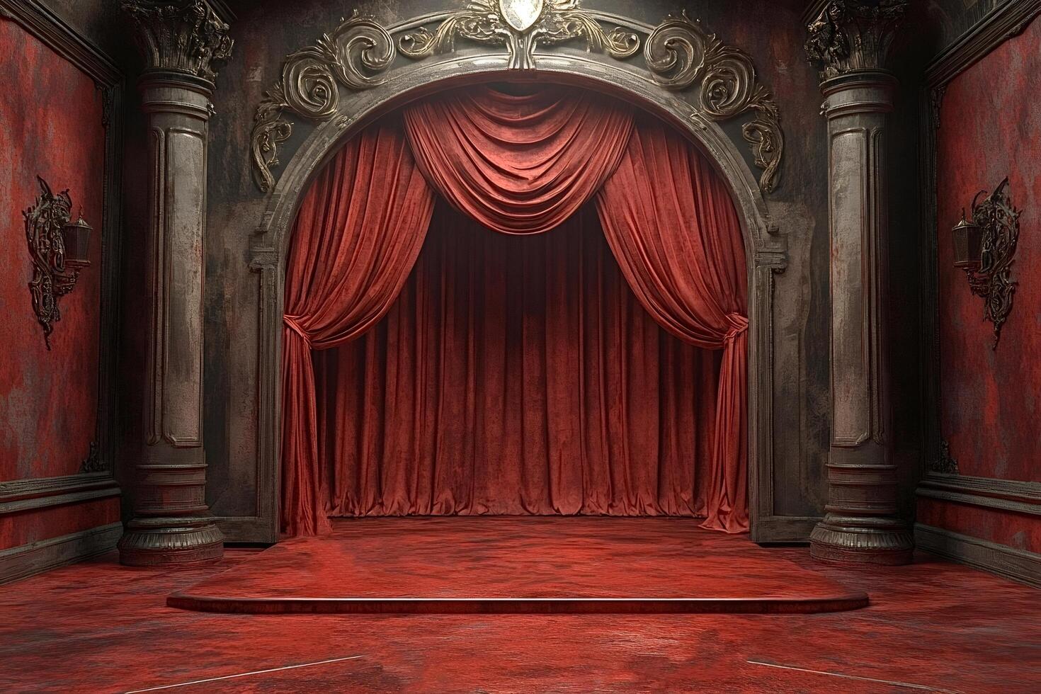 Red curtains covering stage in old theater with columns and red carpet photo
