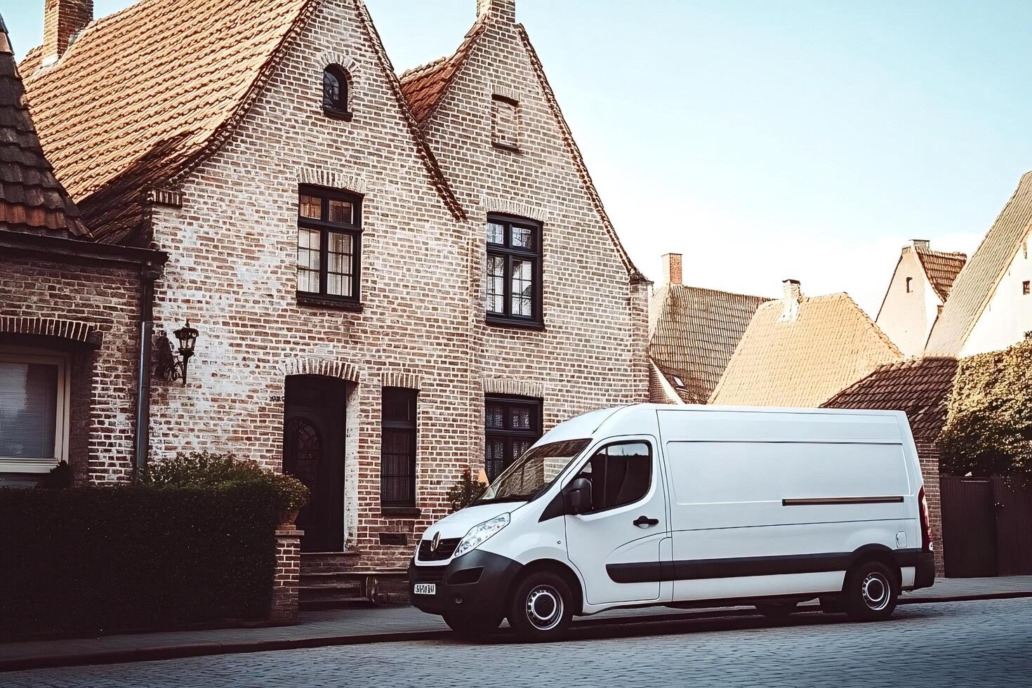 White delivery van parked on street in front of brick houses photo
