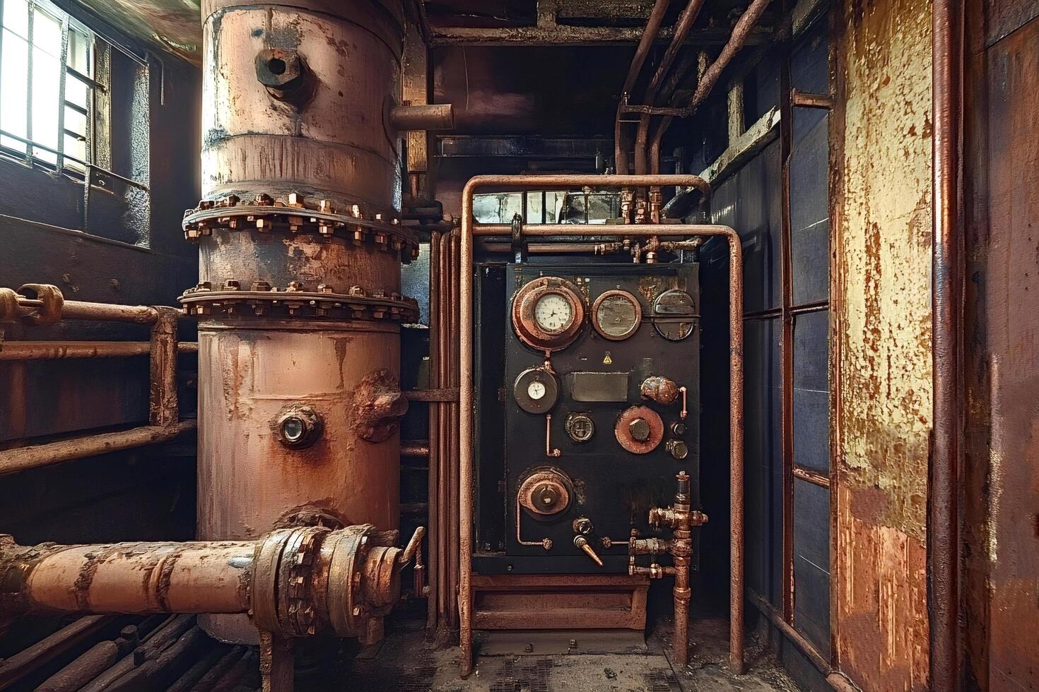 Old rusty industrial control panel with pipes and valves in abandoned factory photo