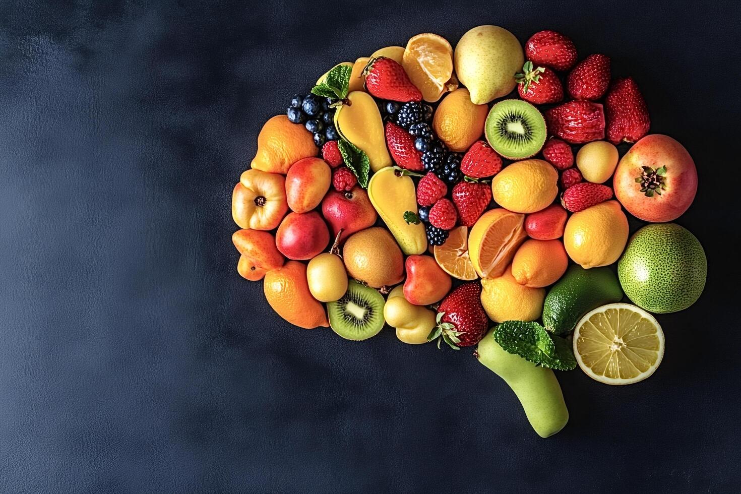 Colorful fruits creating brain shape promoting healthy eating habits photo
