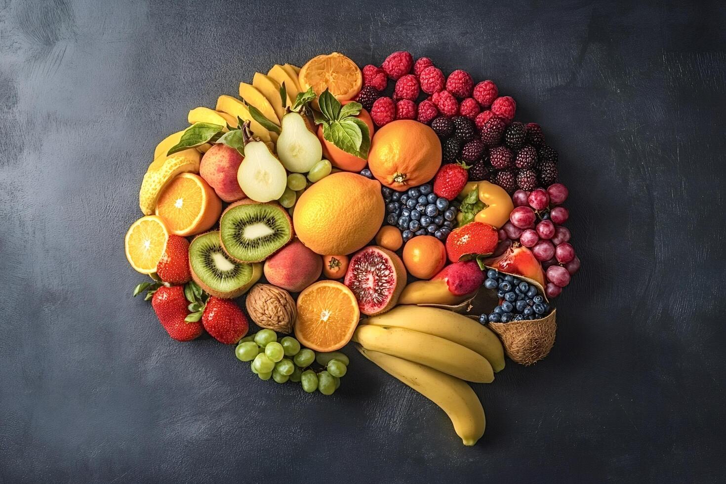Fresh fruits and vegetables forming a brain shape promoting healthy eating photo