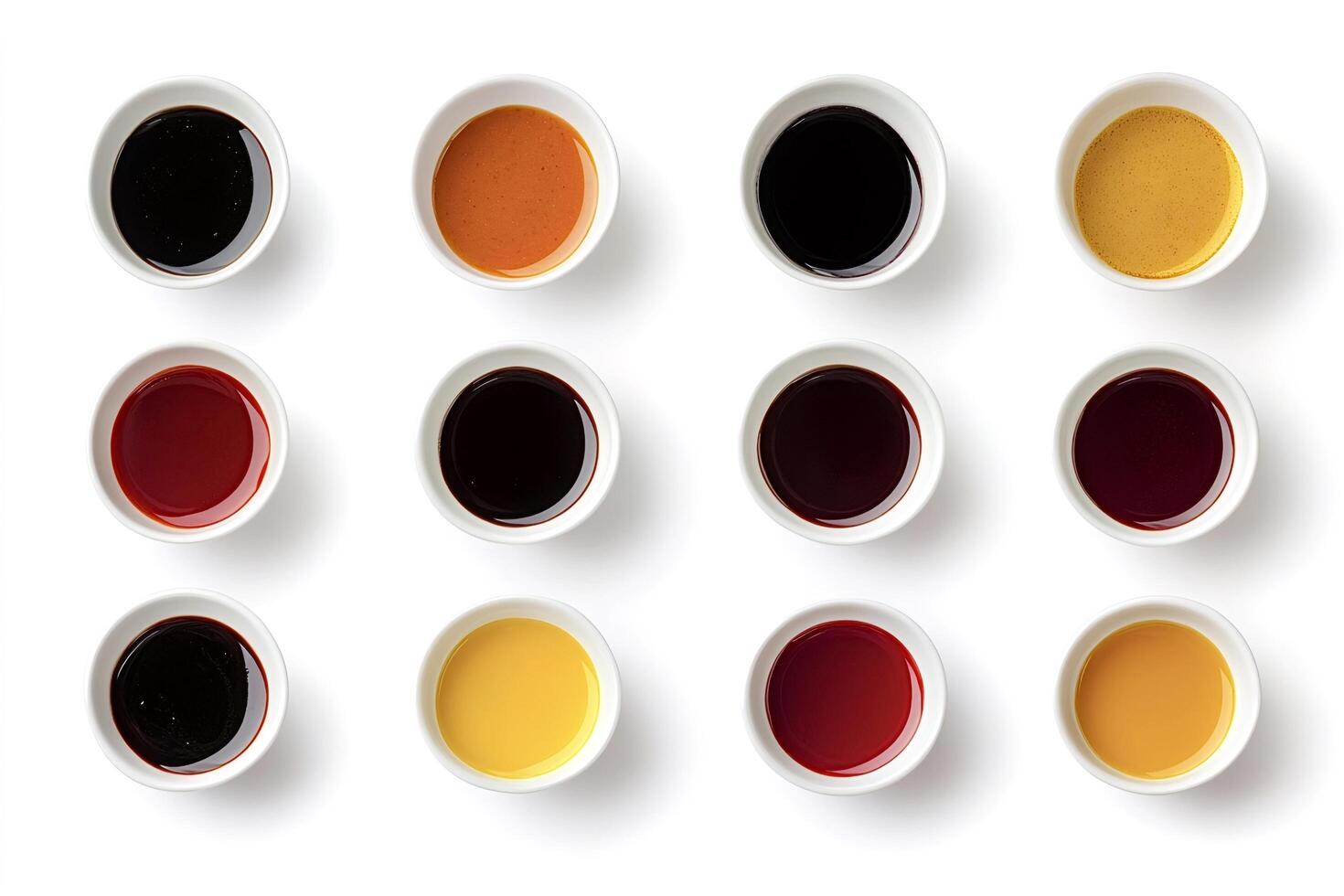 Twelve small bowls containing different sauces forming a colorful palette photo
