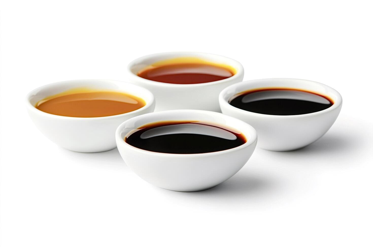 Four small bowls containing different sauces for dipping food photo