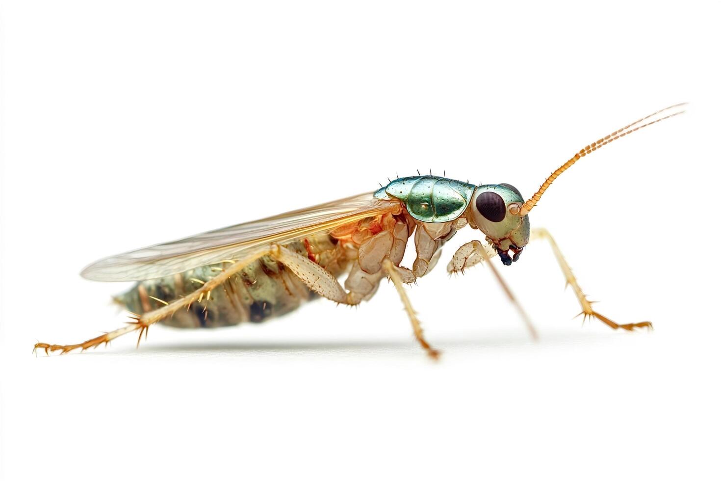Metallic green cockroach showing wings and legs on white background photo