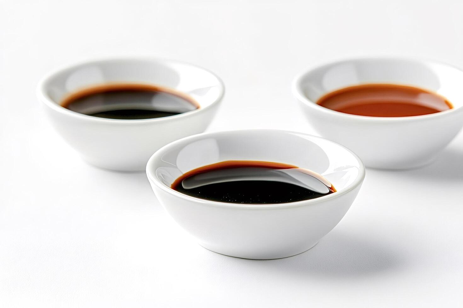 Three small white bowls containing different kinds of soy sauce photo