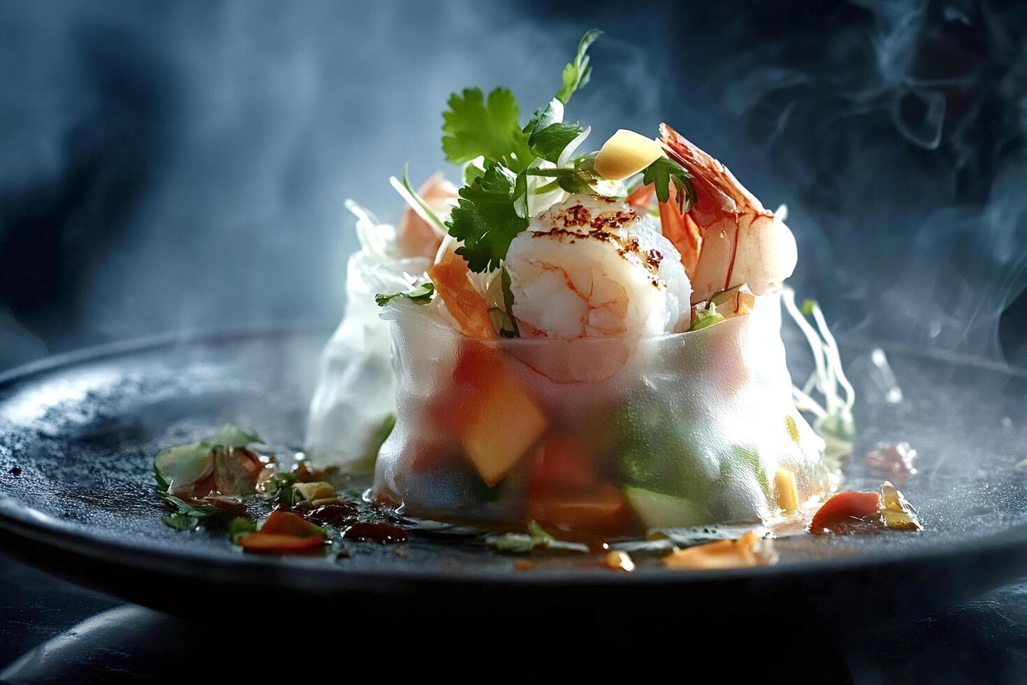 Steaming rice paper roll with shrimp, mango, and coriander on dark plate photo