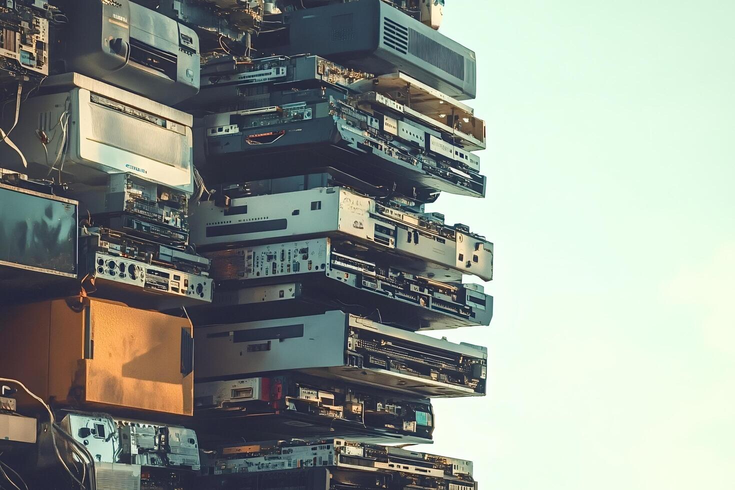 Stack of old electronic devices representing e-waste photo