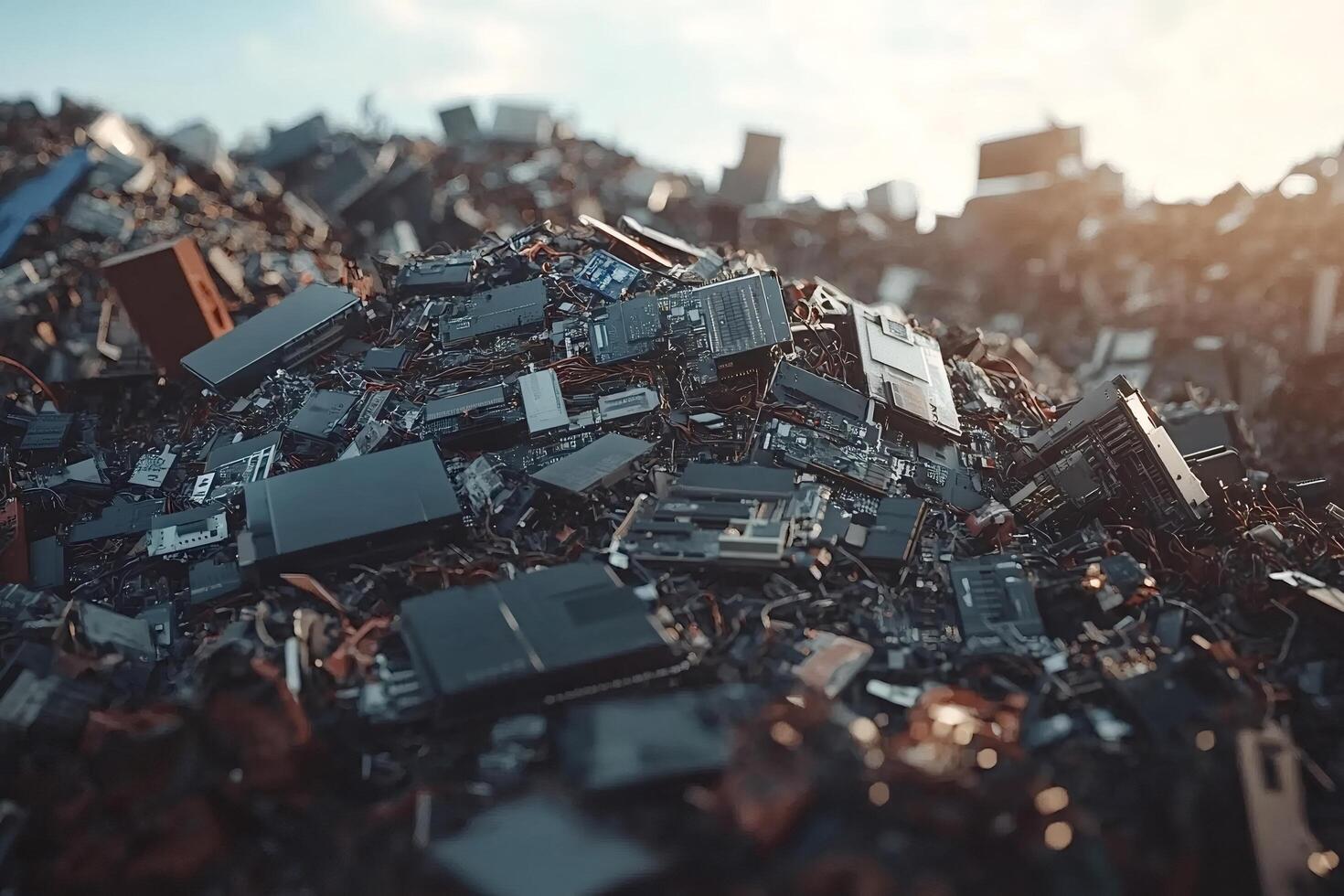 Mountain of electronic waste polluting the environment under sunlight photo