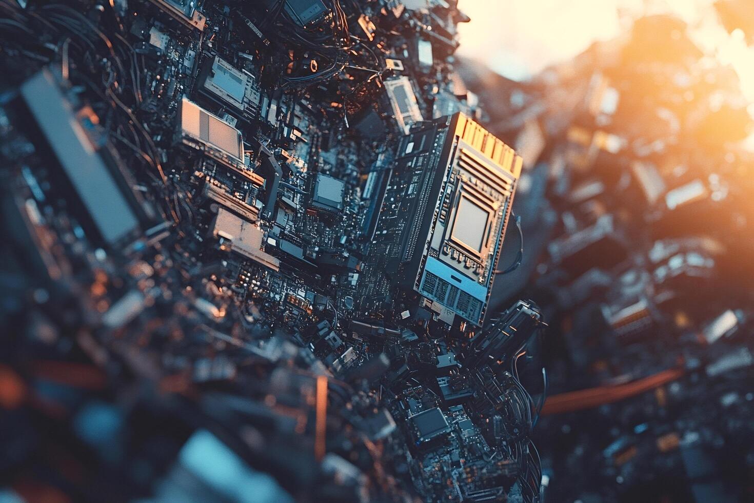 Electronic waste forming a mountain landscape at sunset photo