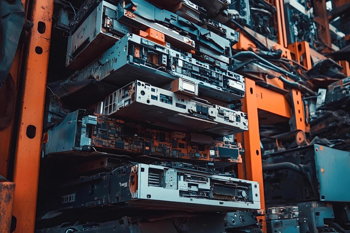 Stack of discarded computer hardware awaiting recycling photo