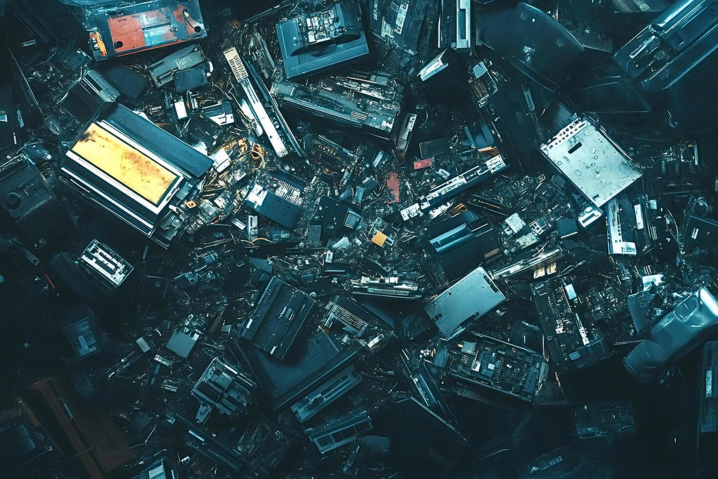 Pile of broken computers and electronic waste polluting the environment photo