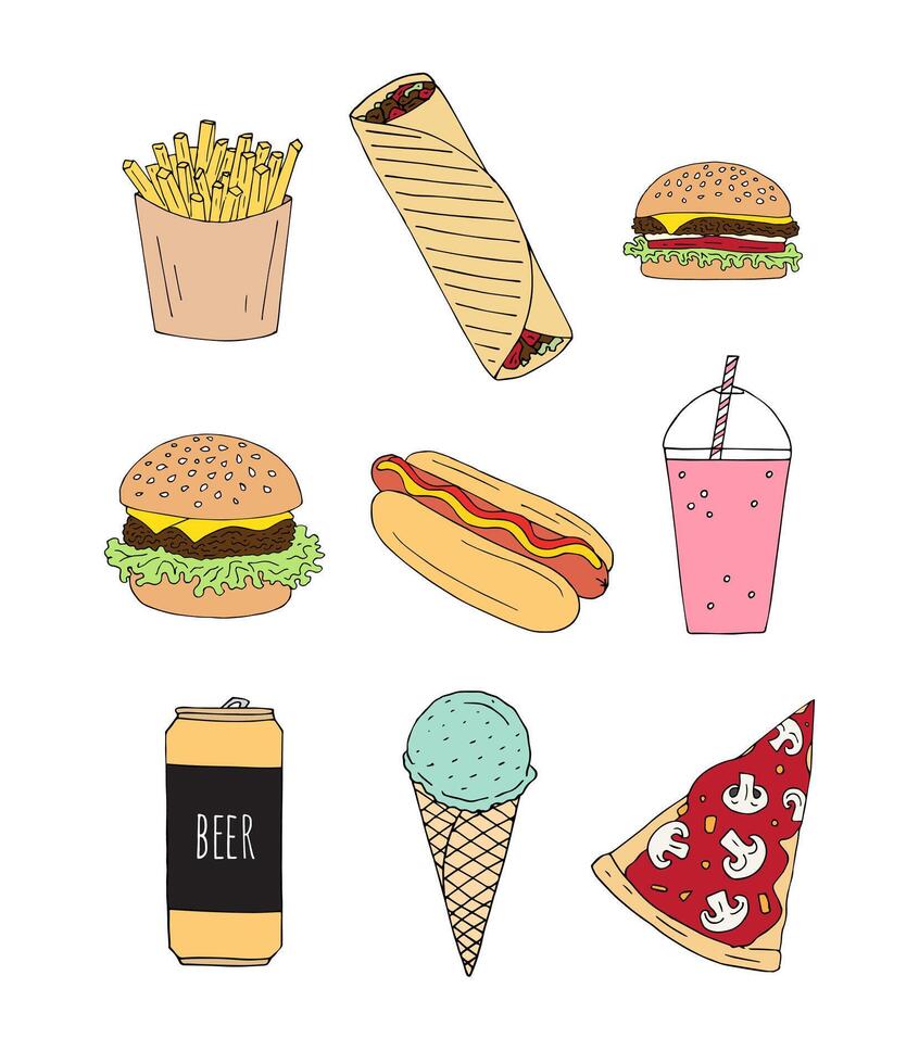 Set of hand drawn doodle fast food vector