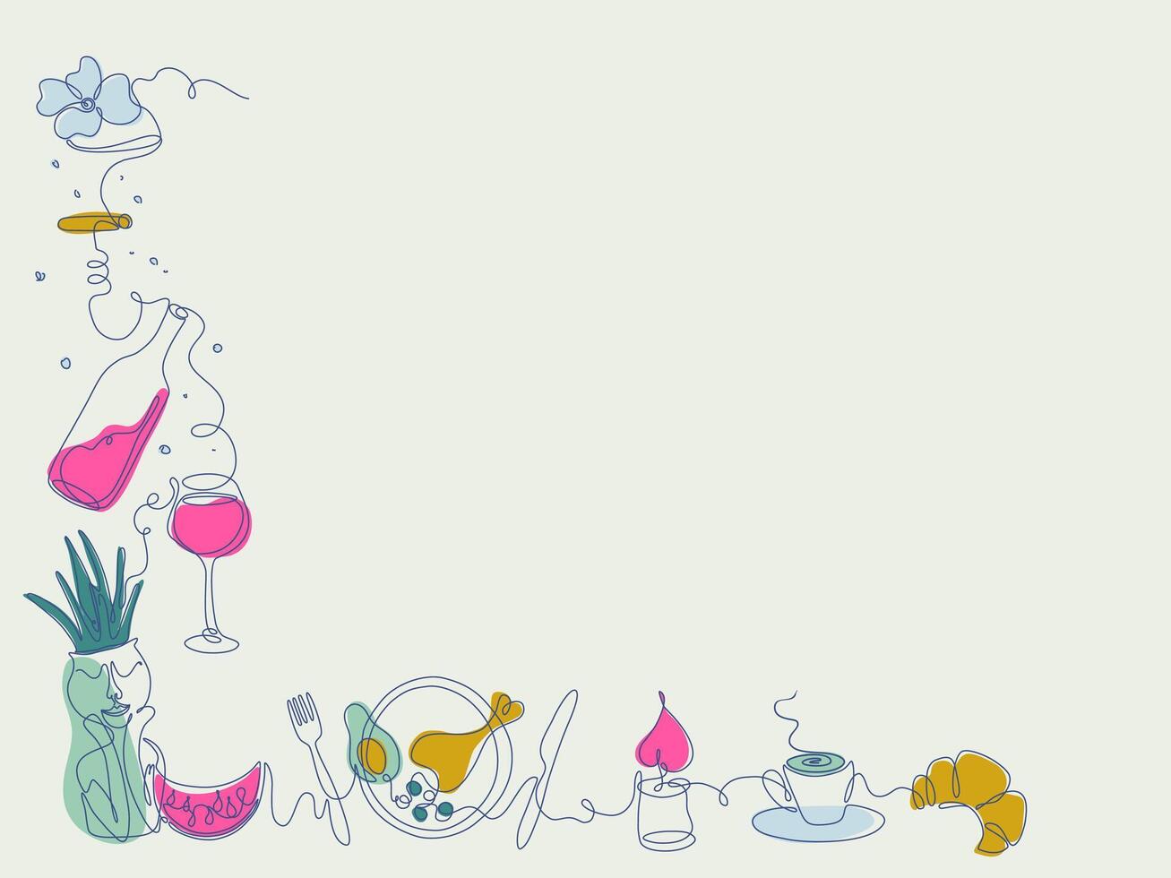 Line art style background showcasing variety of food and drink items include elegant glasses, fruits, and dishes, perfect for playful design. Mexican dinner party. Hand drawn illustration. vector