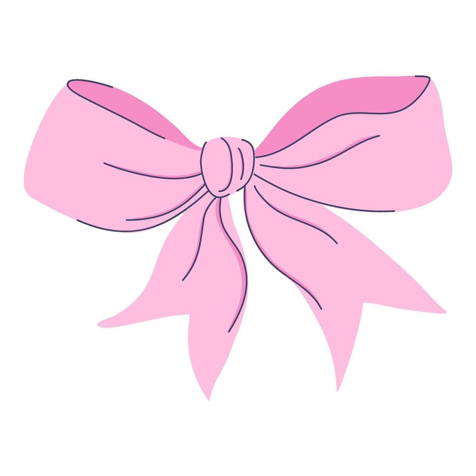 Decorative pink ribbon tied in a coquette bow. Perfect for party decoration. Beautiful accessory. Hand drawn flat design illustration. vector