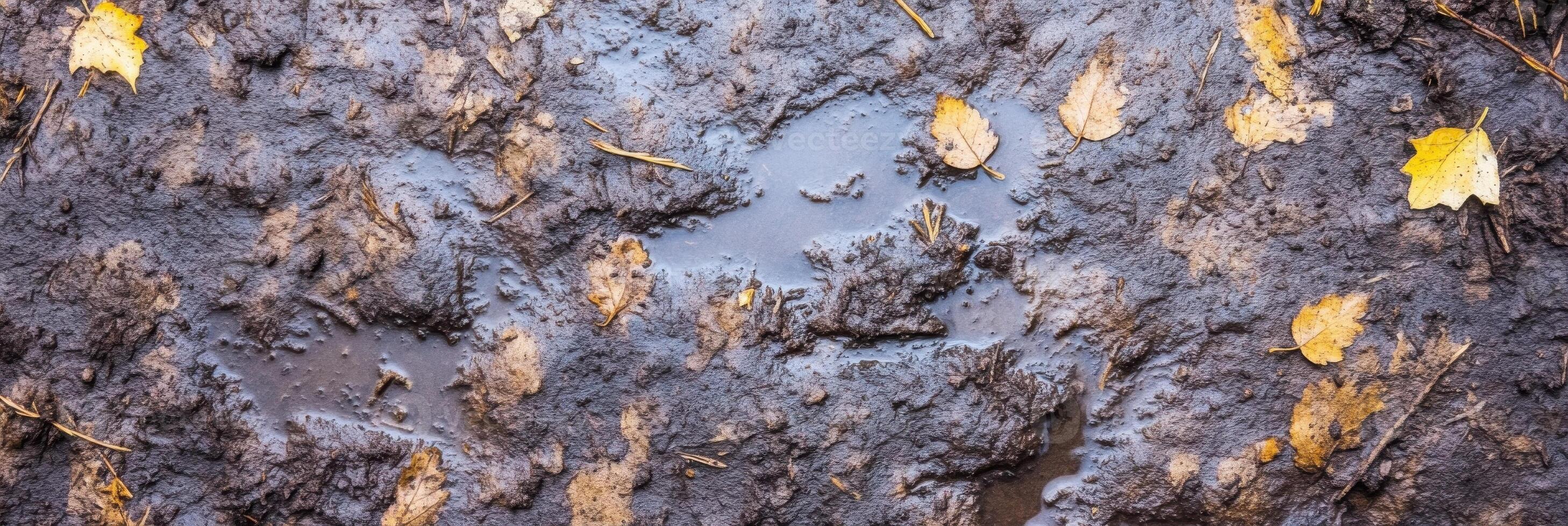 Wet muddy ground with fallen leaves and natural texture of soil after rain photo