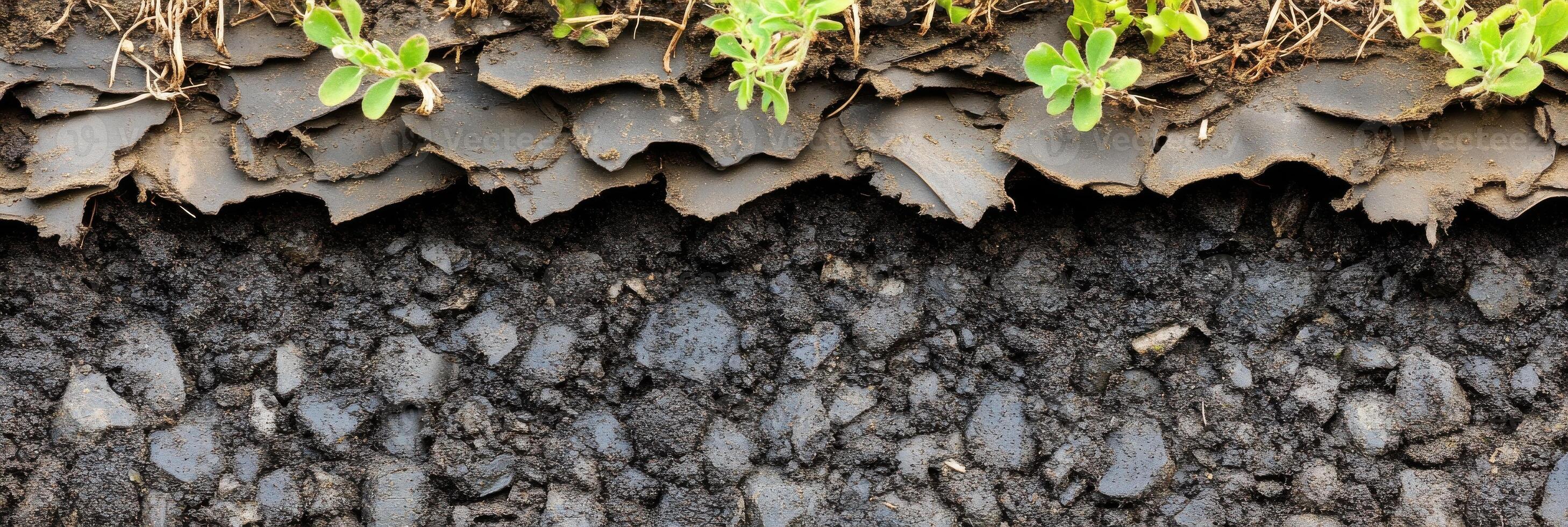 Cross-section of soil layers with small green plants and cracked earth photo