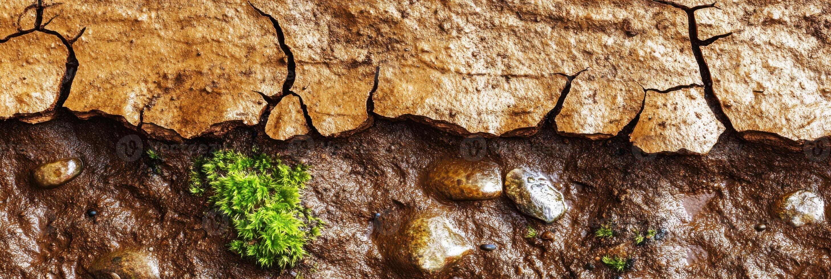Cracked earth texture with green moss and wet stones depicting natural resilience photo