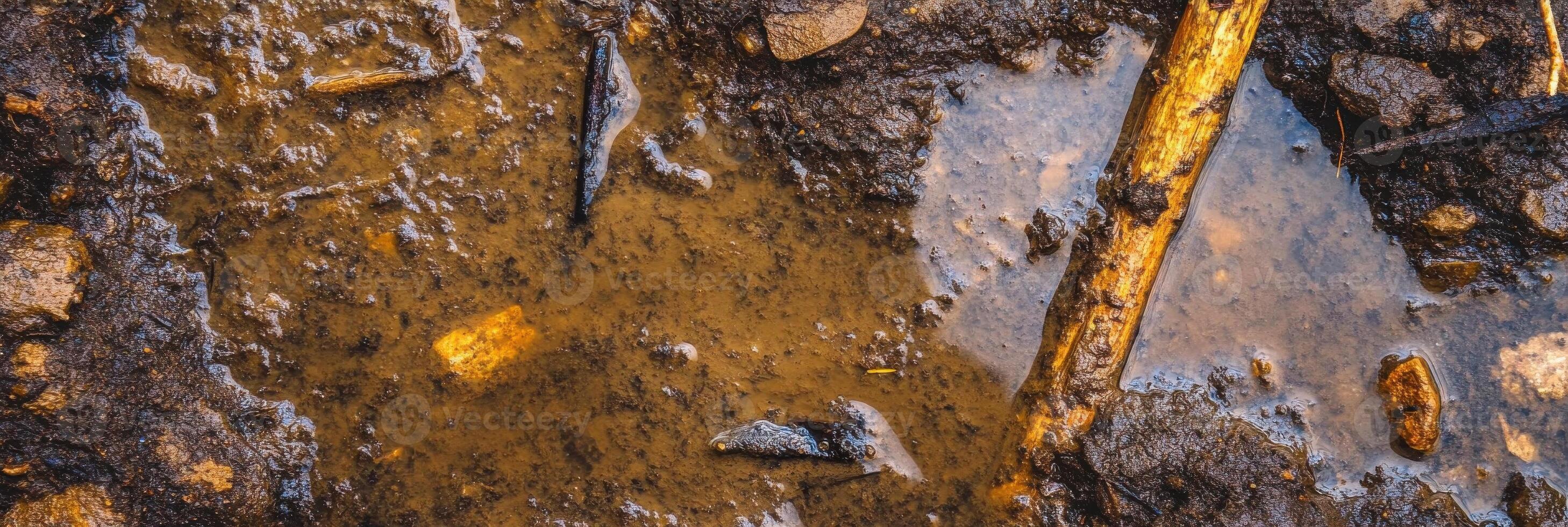 Mud and water with wood and rocks in a natural outdoor setting photo