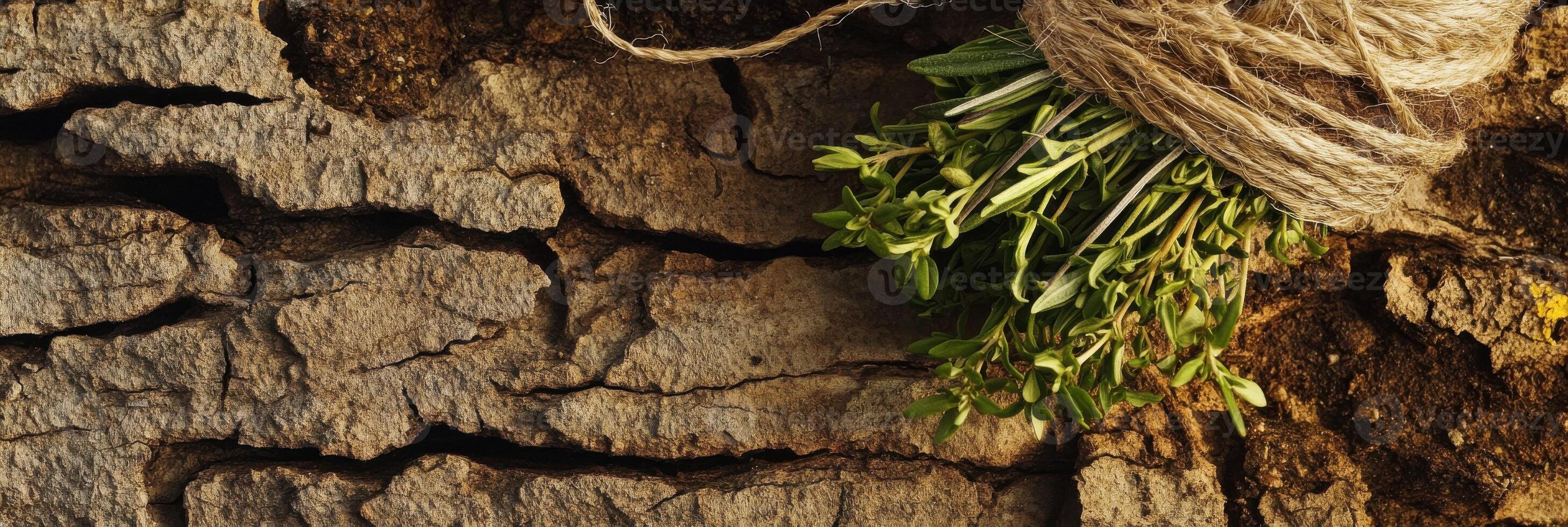 Fresh herb bundle tied with twine resting on weathered tree bark background photo