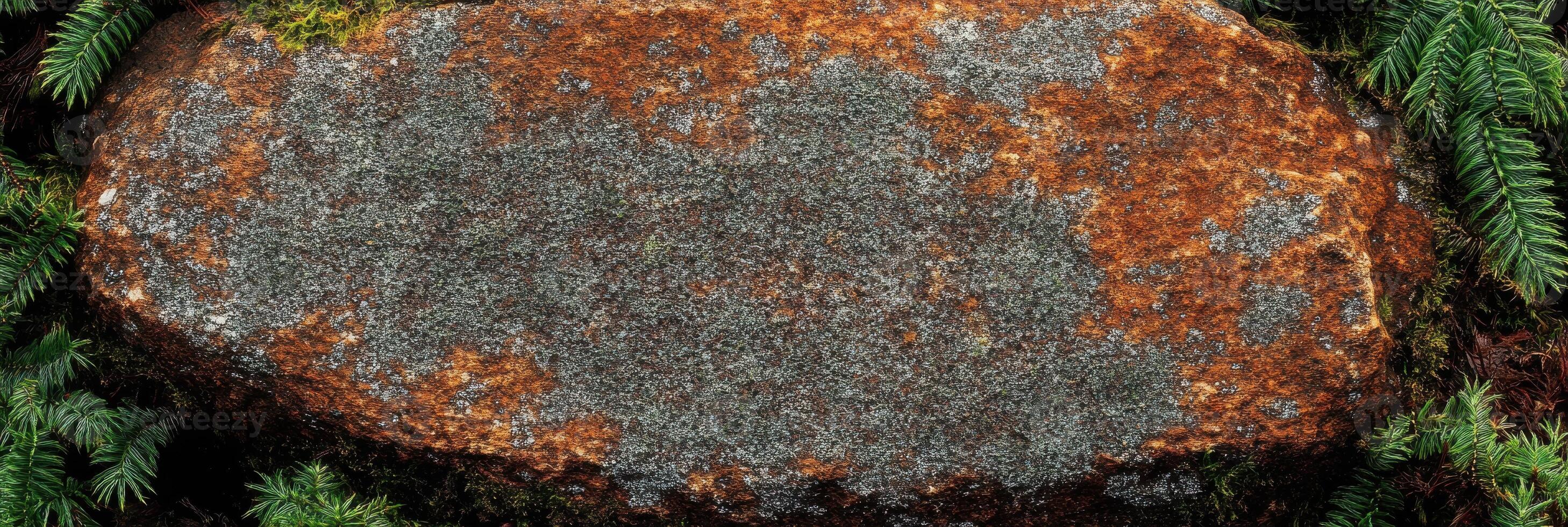 Close-up of lichen-covered rock with fern leaves in natural forest setting photo