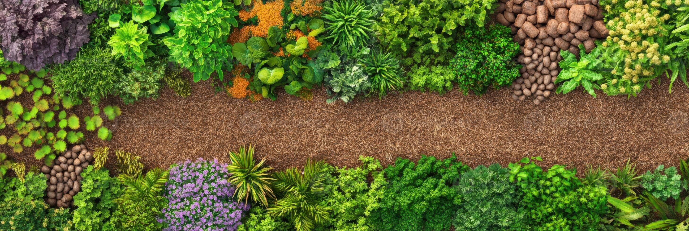 Colorful array of lush vegetables and herbs along garden pathway photo