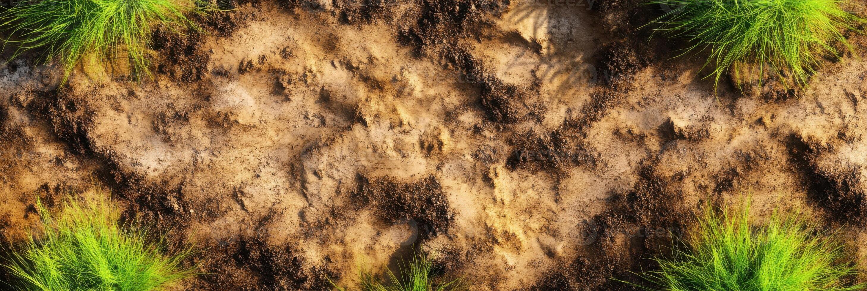 Top view of natural earthy terrain with grass and soil patterns photo