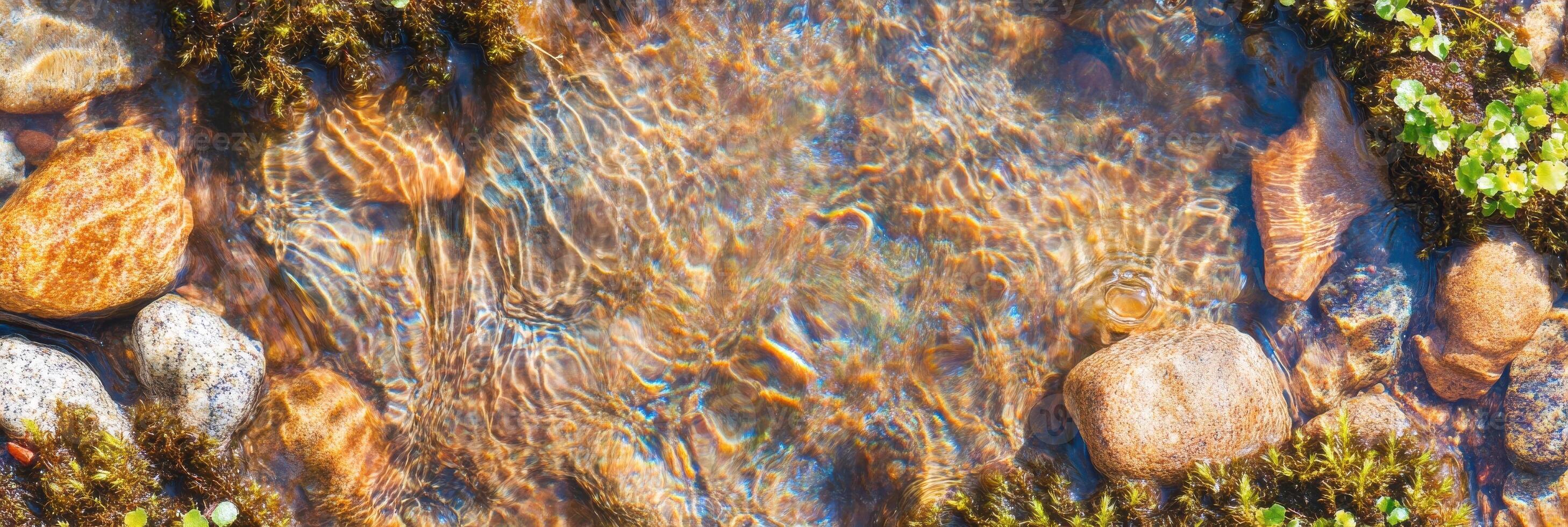 Clear water rippling over colorful rocks and green moss in a shallow stream photo
