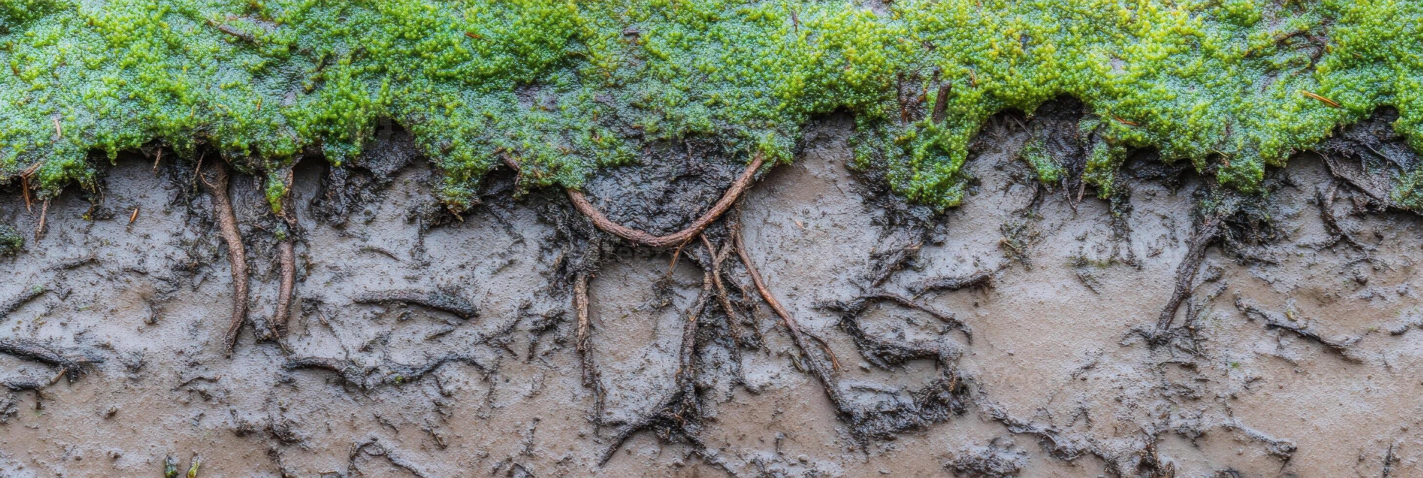 Lush green moss with exposed roots and soil texture in nature concept photo