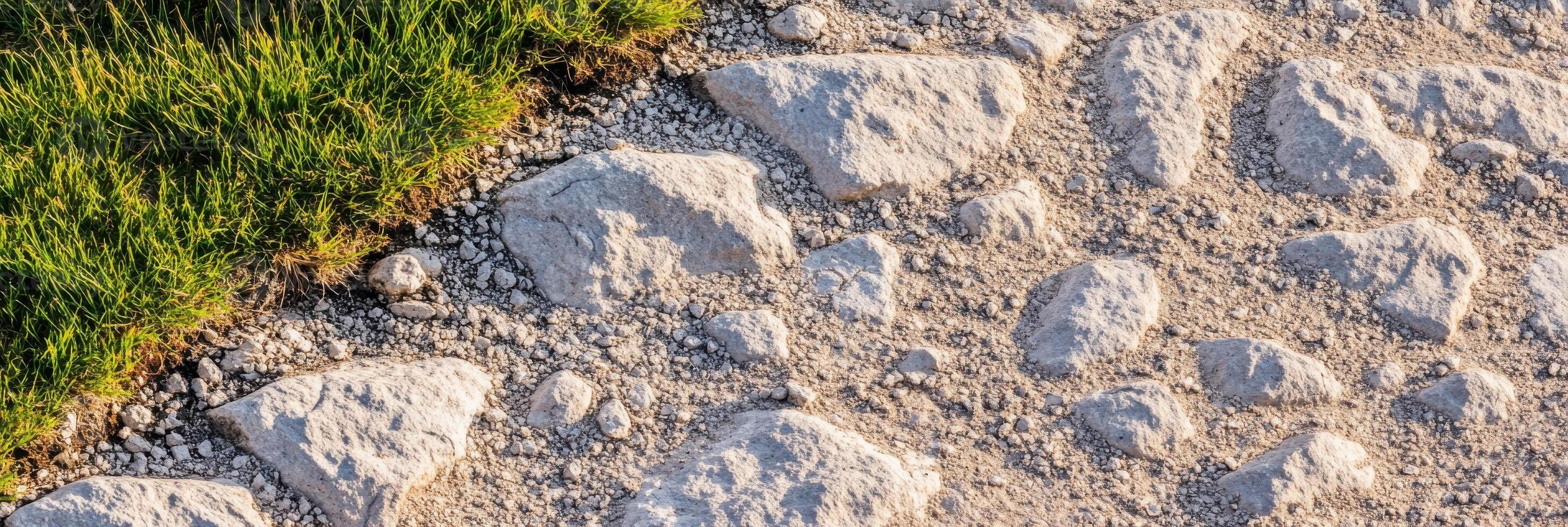 Rocky path with grass border under sunlight capturing texture and nature elements photo