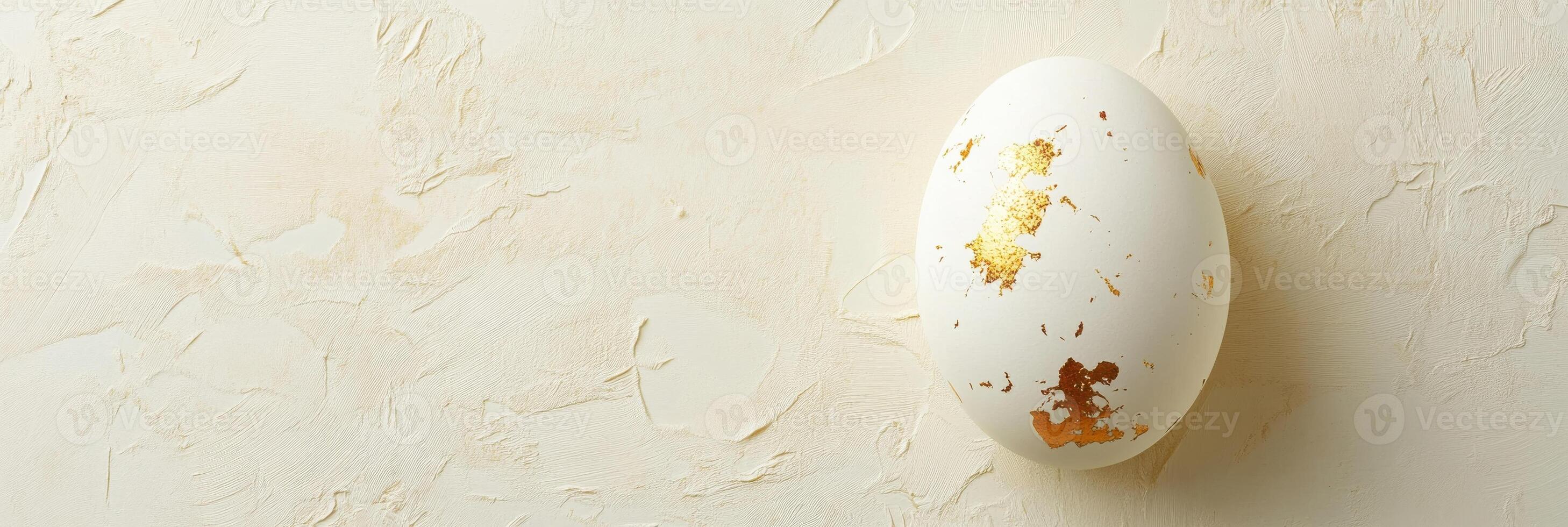 Elegant white egg with gold leaf on textured background for luxurious decor and art design photo