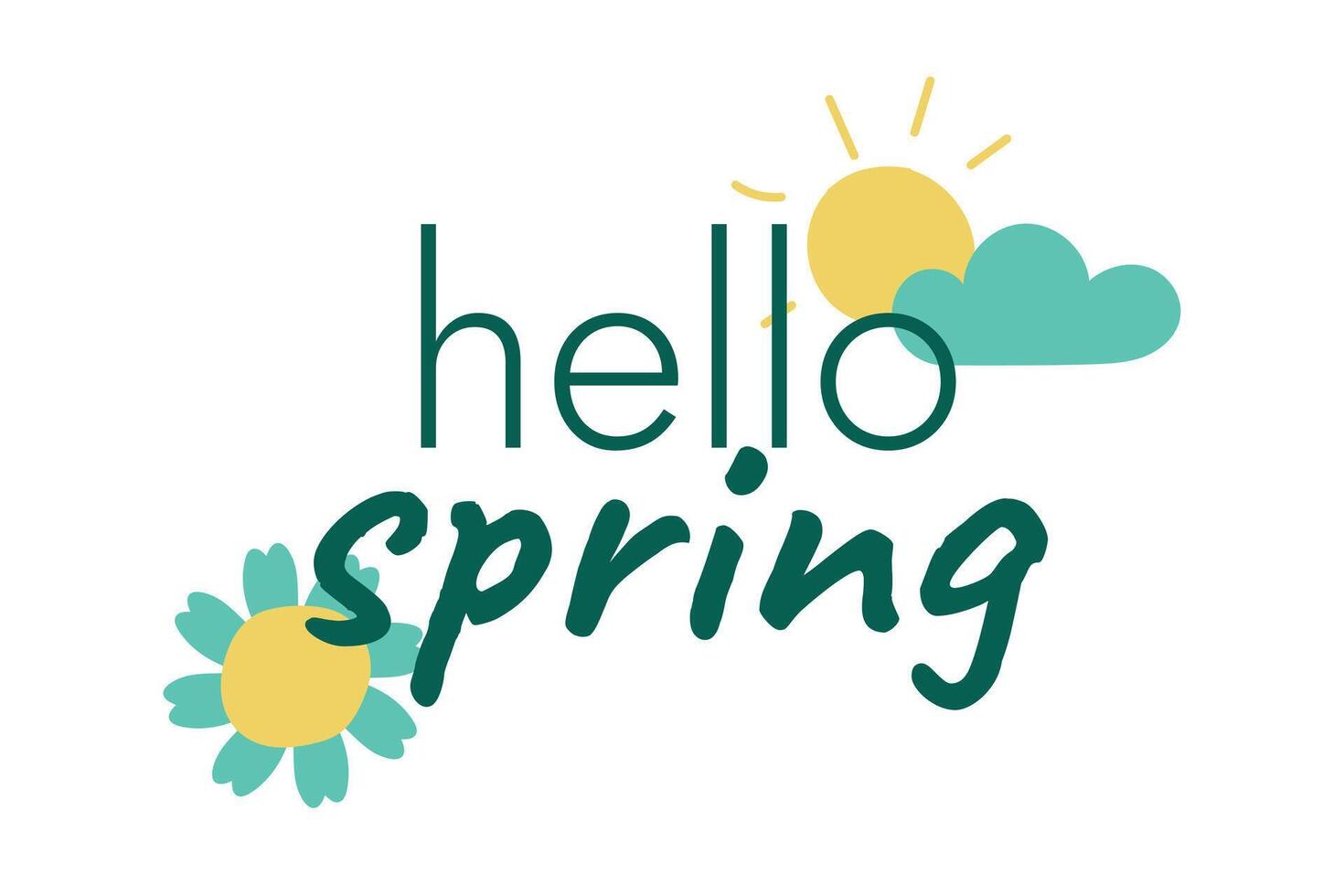 Hello Spring, flower, sun and cloud. Banner with greeting Text. Doodle symbols. Wildflower chamomile, Daisy. Sunny weather. Season message, lettering. Children drawing, hand drawn. illustration vector