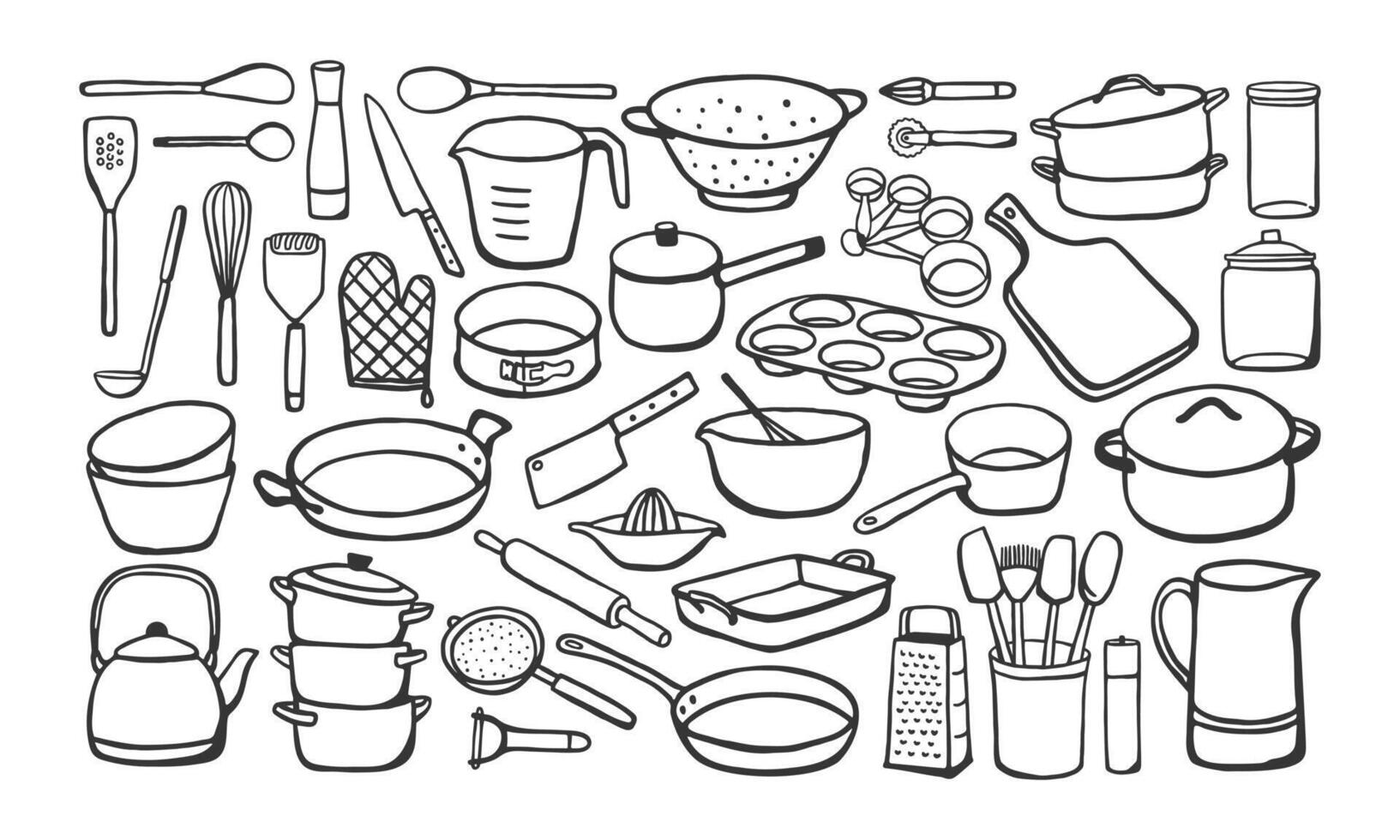 Hand drawn simple cookware set. Black and white illustrations of different kitchen utensils in sketch style vector