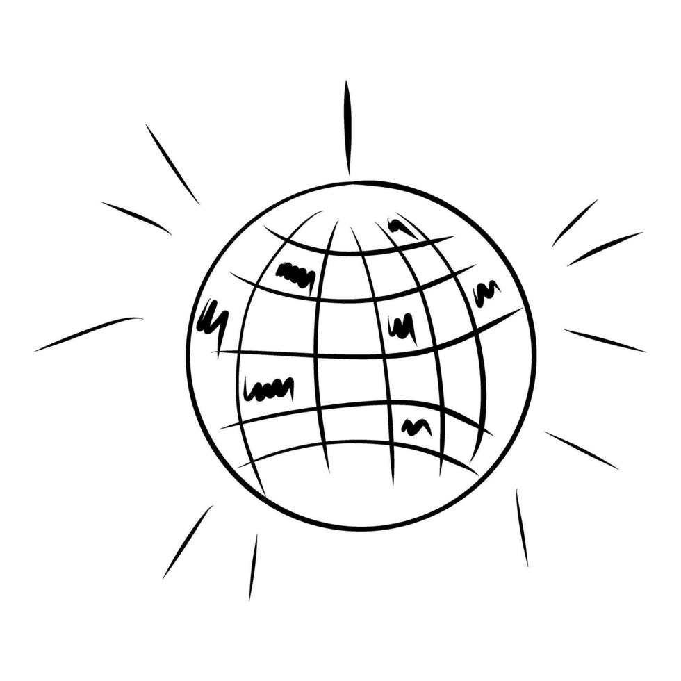 Hand drawn whimsical disco ball illustration, doodle style disco ball, retro style vector