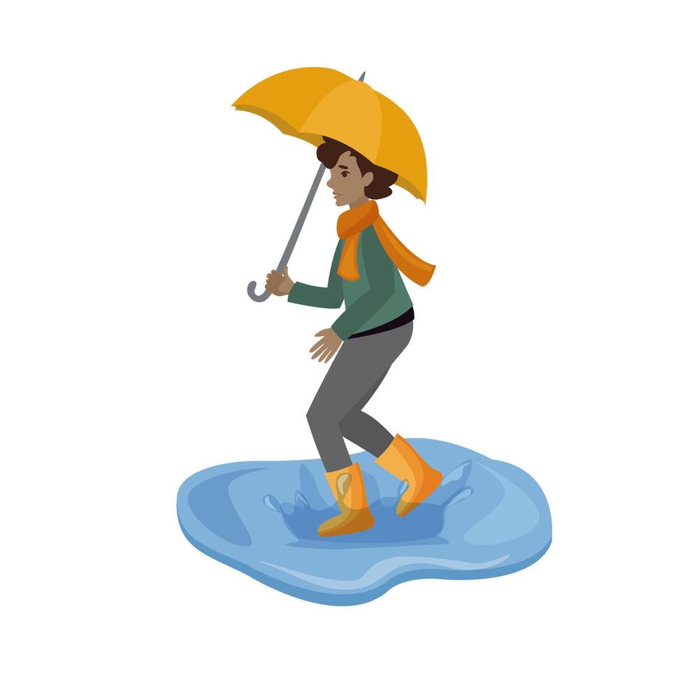 A boy jumps through puddles with a yellow umbrella in his hands. Child on a white background. Isolated illustration vector
