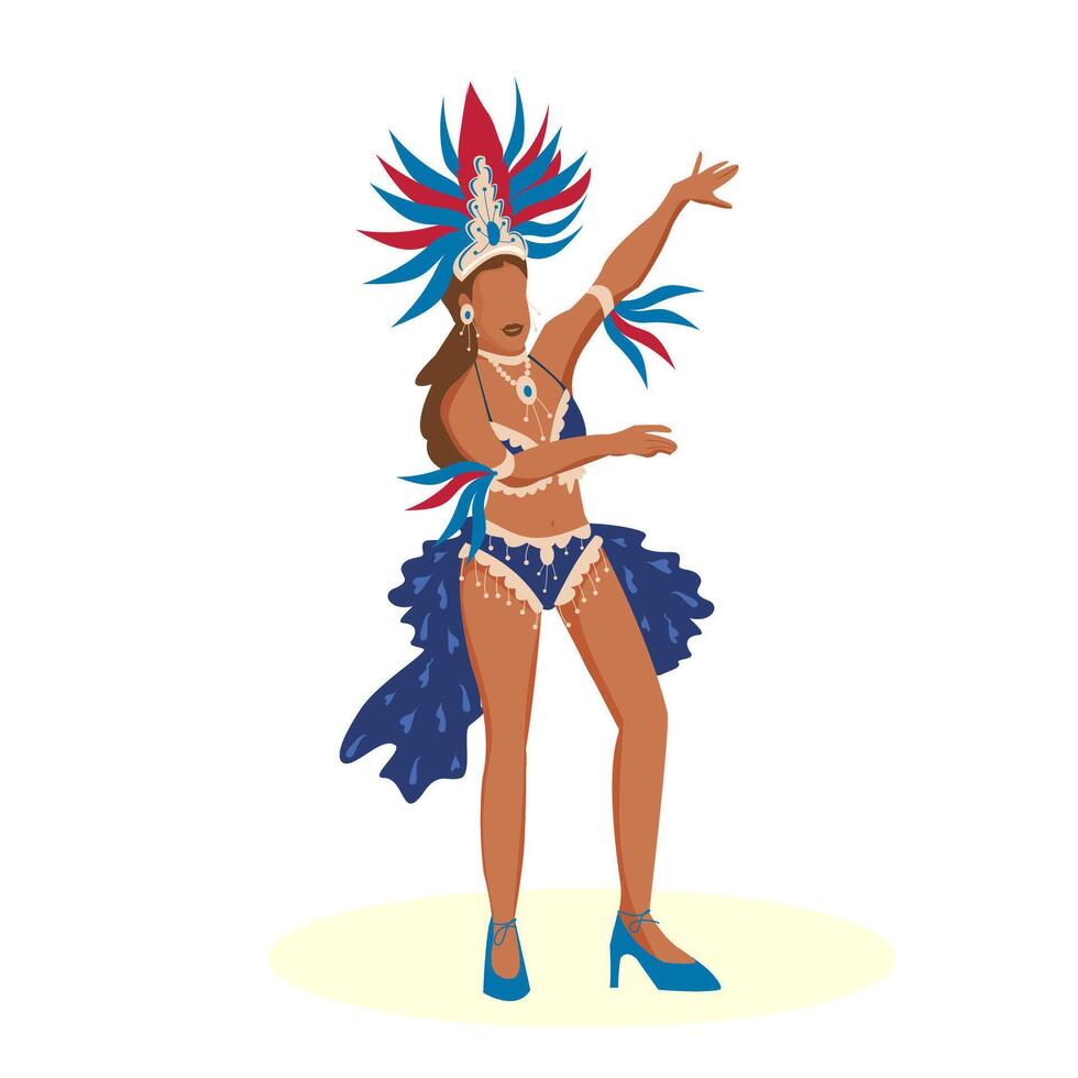 Samba dancer at the Brazilian carnival. Mardi Gras street parade. Stage costume with blue and red feathers and necklace. vector