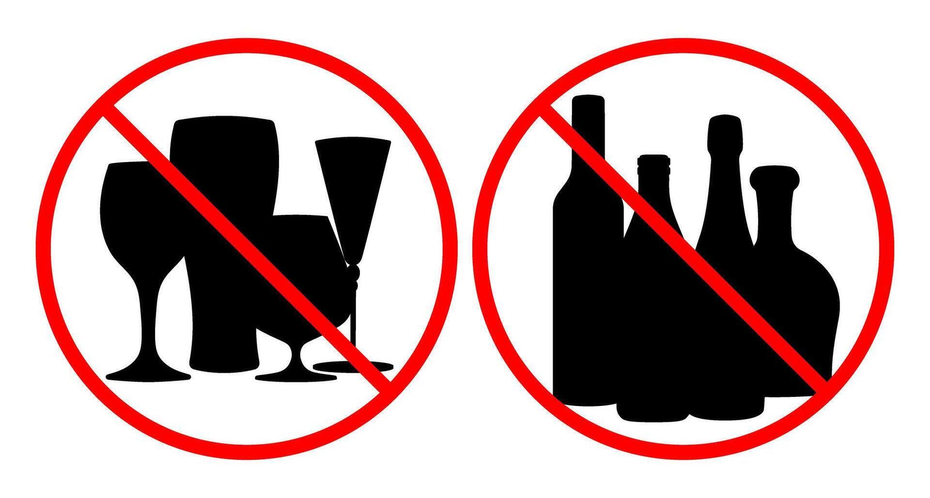 Prohibited alcohol consumption signs. illustration of bottles of drinks and glasses with red prohibition circle, symbolizing no drinking allowed vector