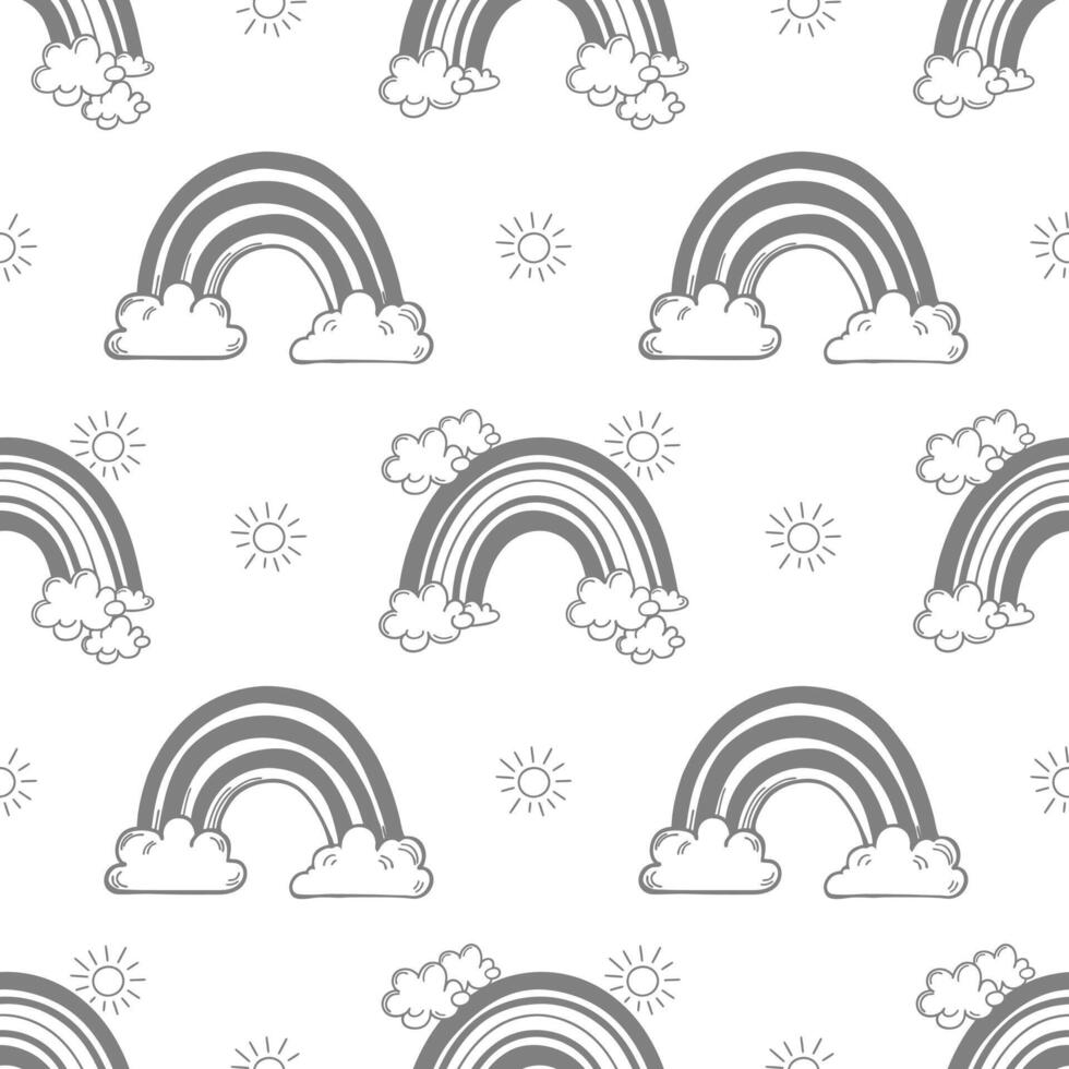 Seamless pattern with rainbows with clouds, stars and hearts. Cute background, hand drawn illustration. vector