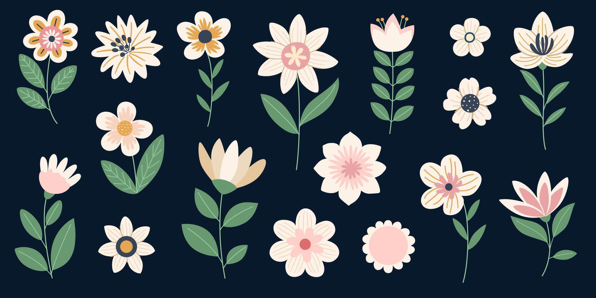 Delicate white spring flowers set. Collection of floral elements for various designs. D vector