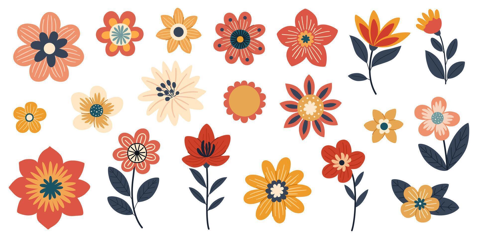 Hand drawn flowers in boho style. Floral elements with ornaments for design. Yellow, red and other flowers in warm autumn colors. vector