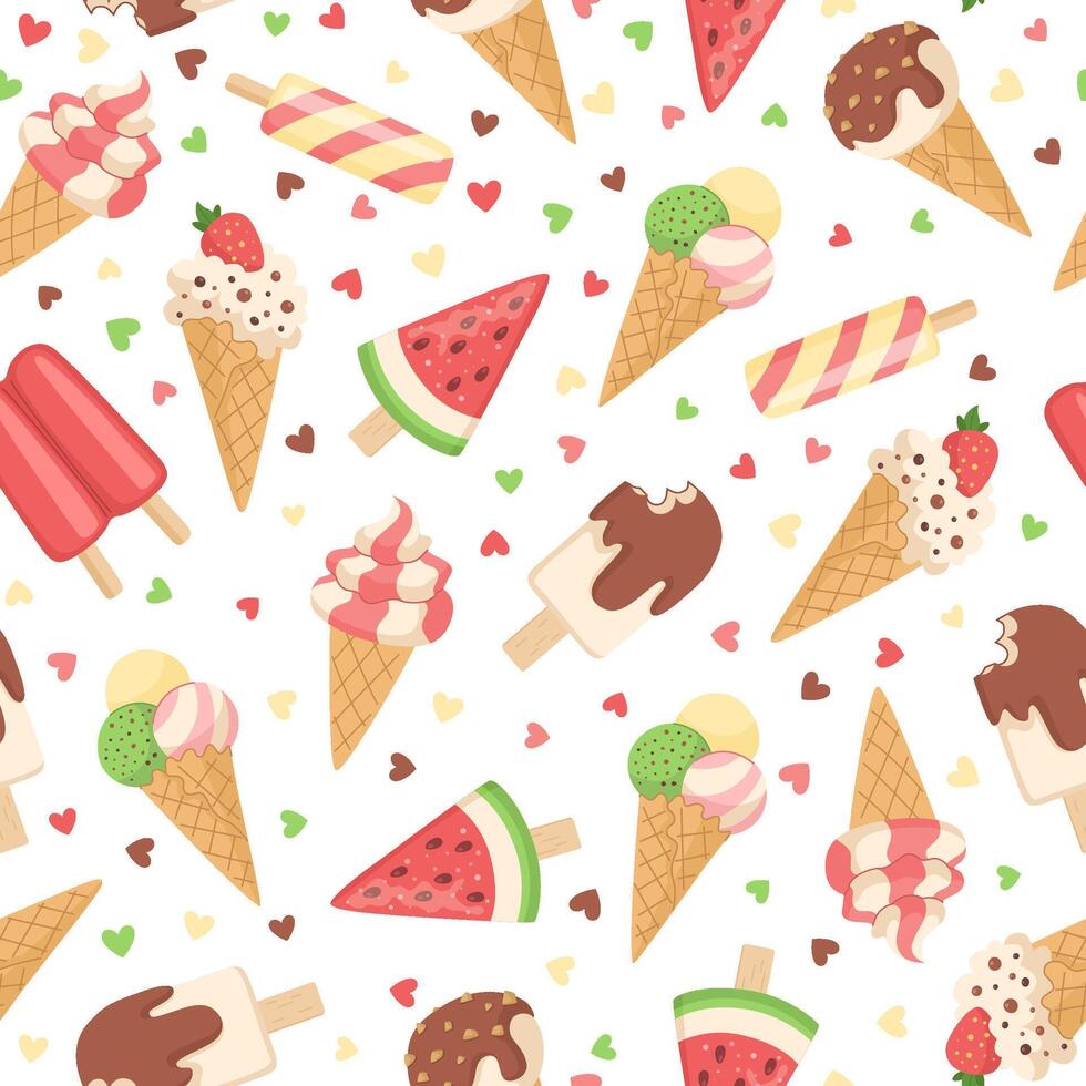 Cartoon summer ice cream seamless pattern. Refreshing sweet background of different types of ice cream and colorful hearts. vector