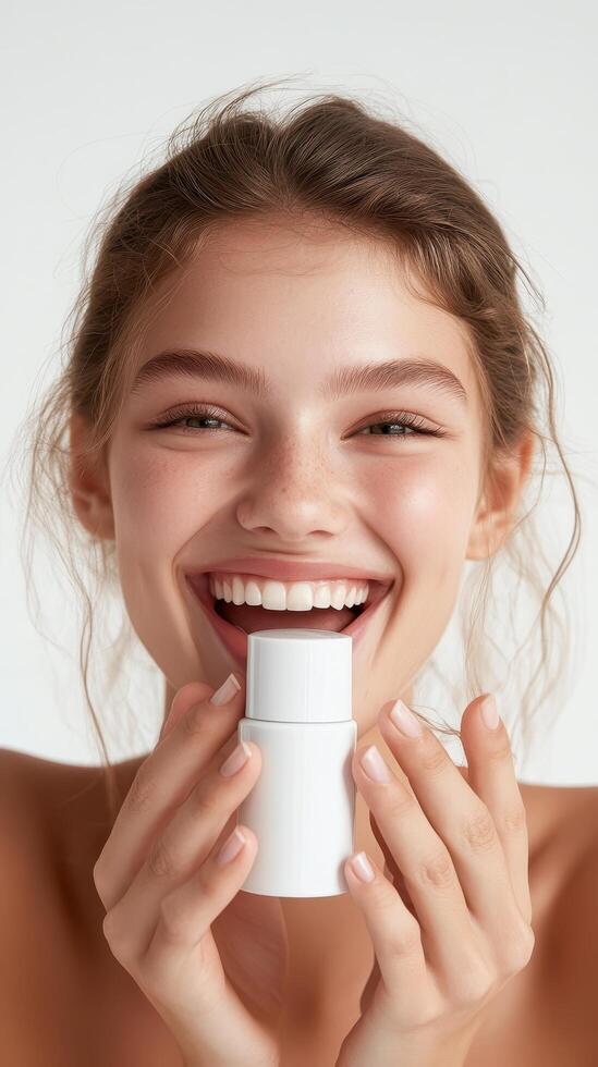 Happy Woman Holding White Cosmetic Container photo