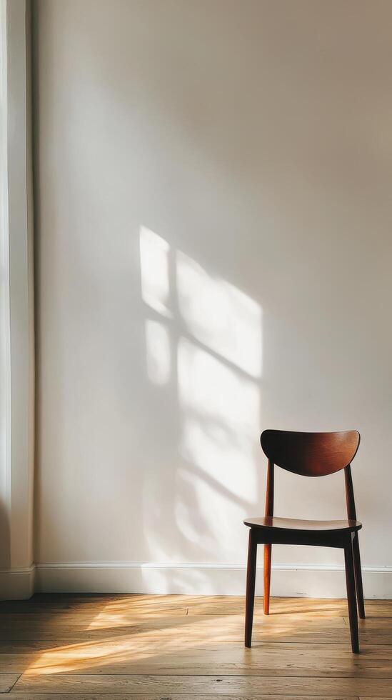 Wooden Chair In Sunlit Room Against White Wall photo