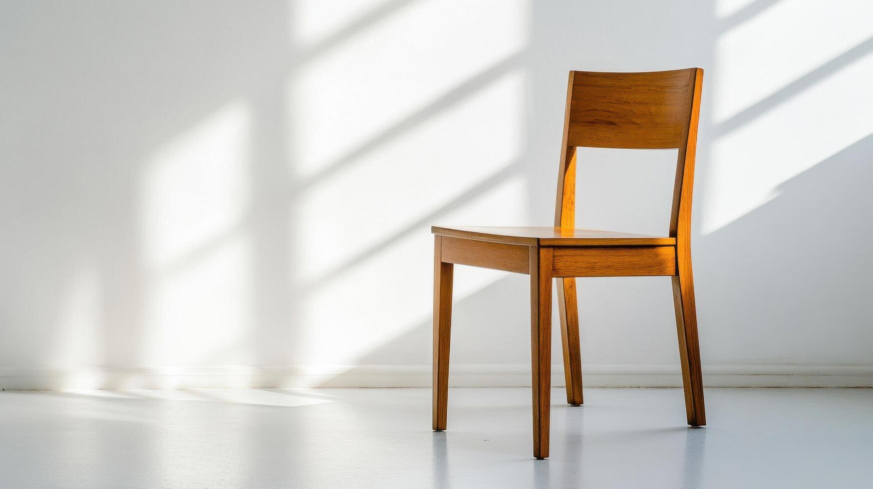 Wooden Chair Stands Alone In Sunlight Against White Wall photo