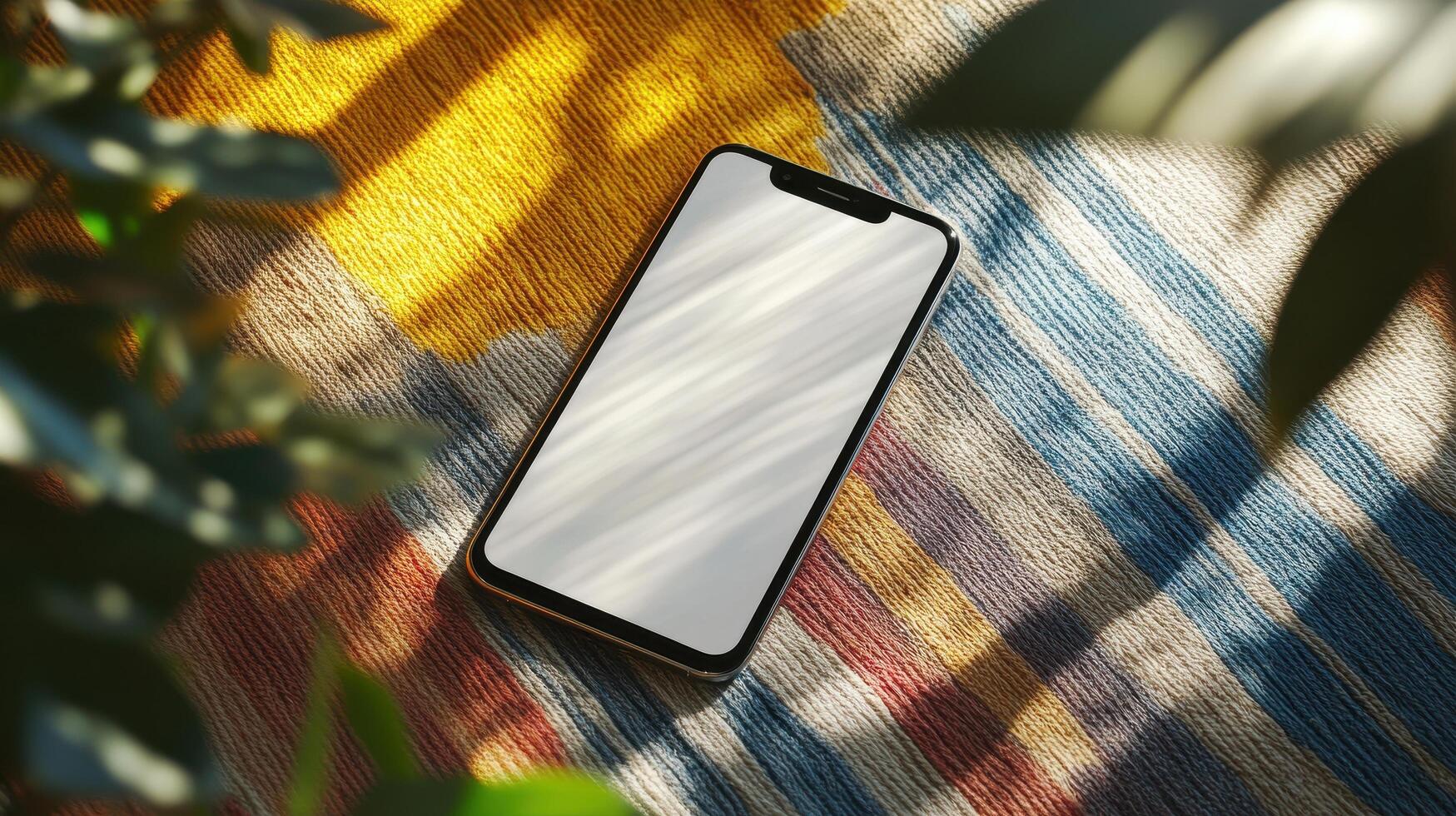 Smartphone Mockup on Colorful Tapestry Outdoors Sunlit Scene Summer Vibes photo