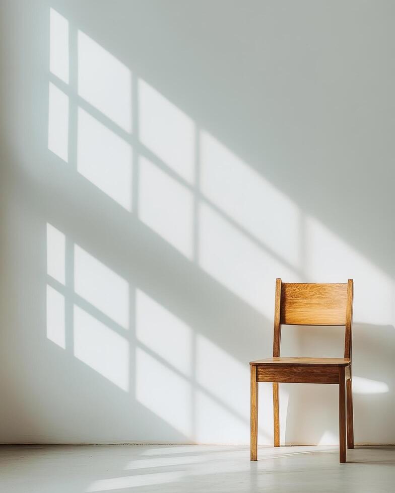 Wooden Chair Against White Wall With Window Light photo