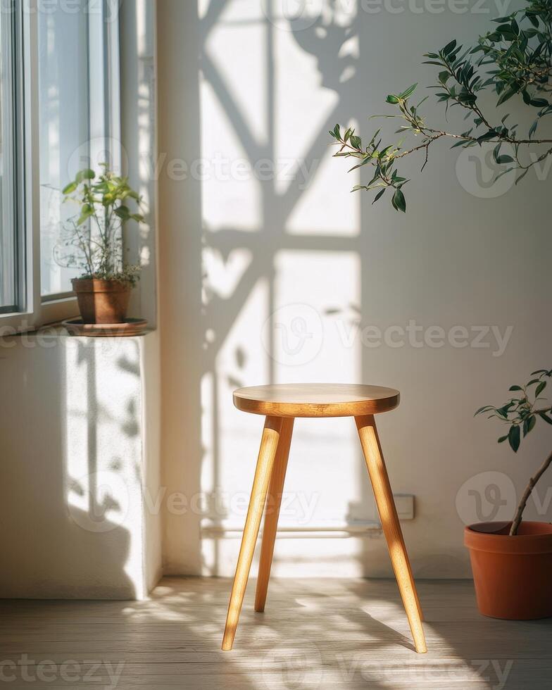 Wooden Stool Sunlight Plants Interior Room Design photo