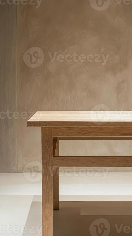 Minimalist Modern Wooden Table Against Neutral Beige Wall Interior Design Photography photo